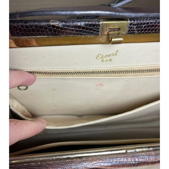 VINTAGE ESCORT BAG GENUINE LIZARD BROWN FRAME HANDBAG SATCHEL Dazzled Strap Moto - Picture 8 of 13